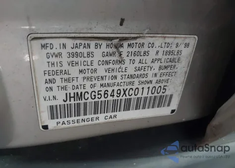 1999 Honda Accord Lx z USA, uszkodzony, nr VIN JHMCG5649XC011005